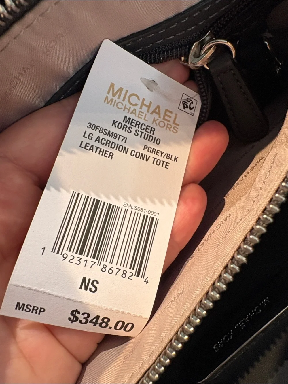 Michael Kors Mercer Studio Large Accordion Tote Pearl Grey Black Leather